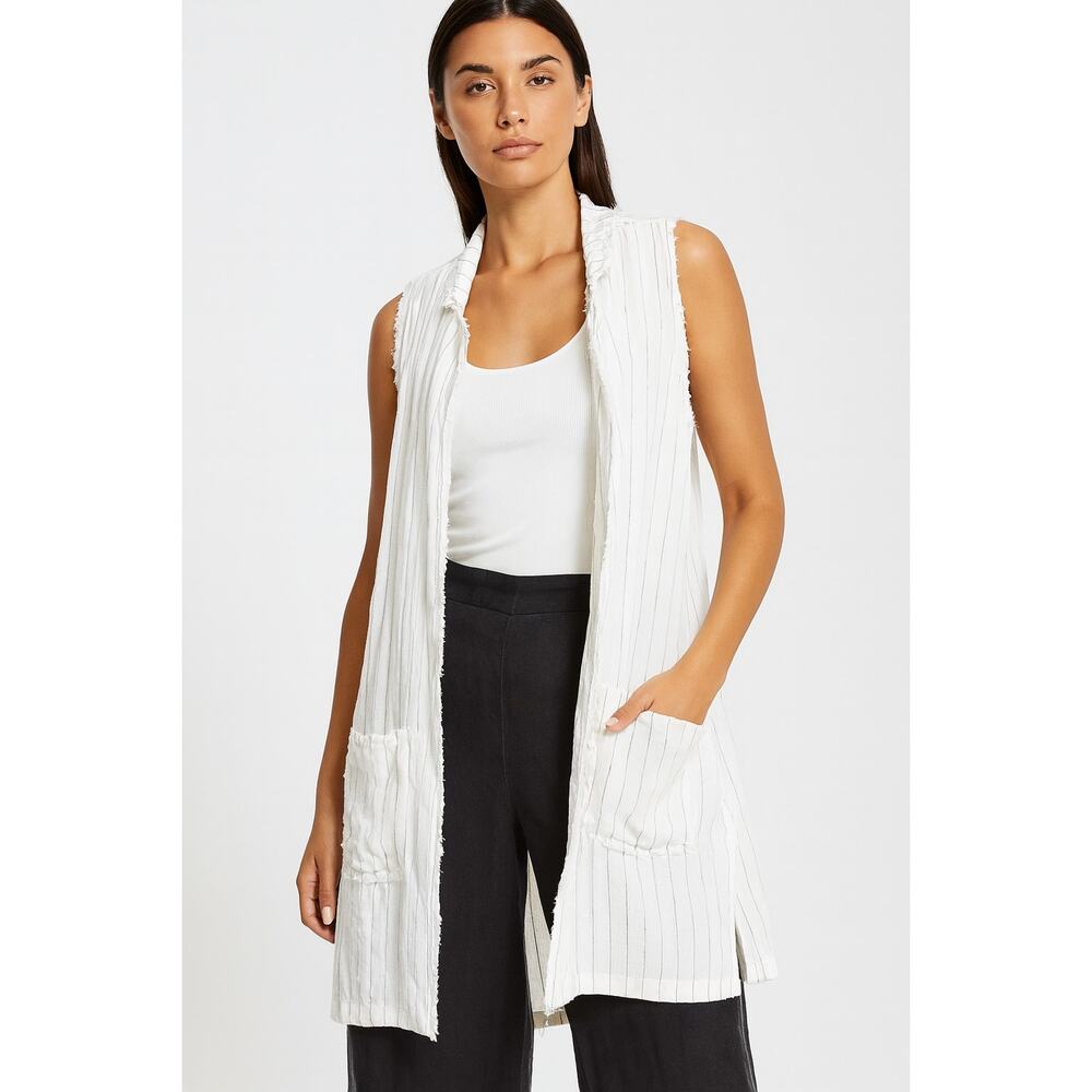 Joh Apparel Linen Cardigan Duster Kimono Size Large White Navy Stripe Raw Edge